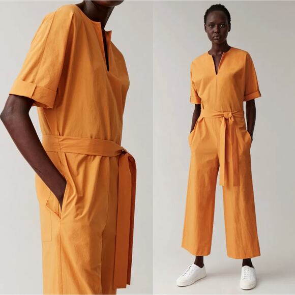 COS 4 Open V-Neck Wide Leg Jumpsuit Tie Waist 100% Cotton Short Sleeve Orange - Picture 1 of 13